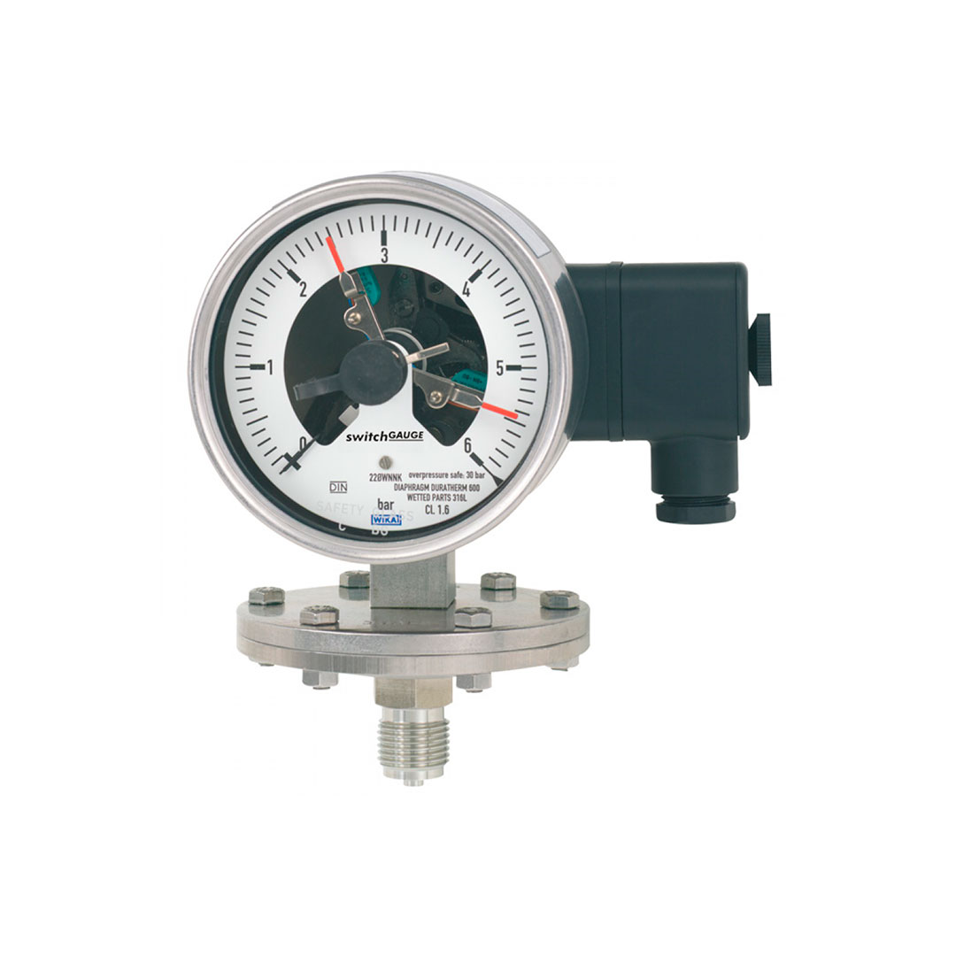 PGS43 The PGS43.100 WIKA diaphragm manometer with switchable contacts is used for differential pressure monitoring, the instrument allows switching and display.
