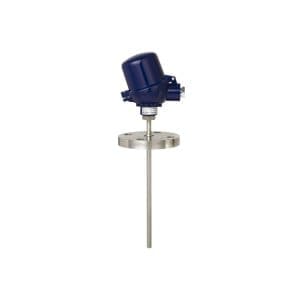 Resistive temperature sensor (RTD) with connection head, flange and protective housing for direct insertion into the system.