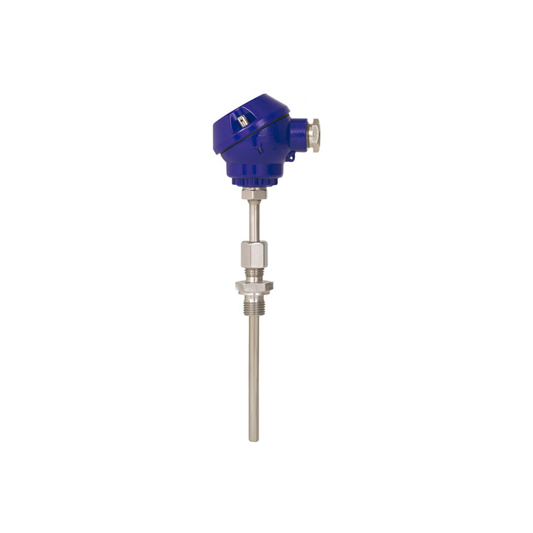 resistive_temperature_type_type_with_process_connection_compact_design_tr10-d-1.jpg Resistive temperature sensor (RTD) in compact design with connection head and threaded process connection in thermowell protective housing.