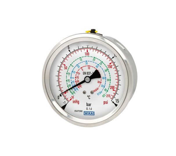 112.28-132.28 112.28 manometer WIKA z bourdonovo cevjo za hladilno tehniko se uporablja pri merjenju tlaka plinskih in tekočih medijev.
