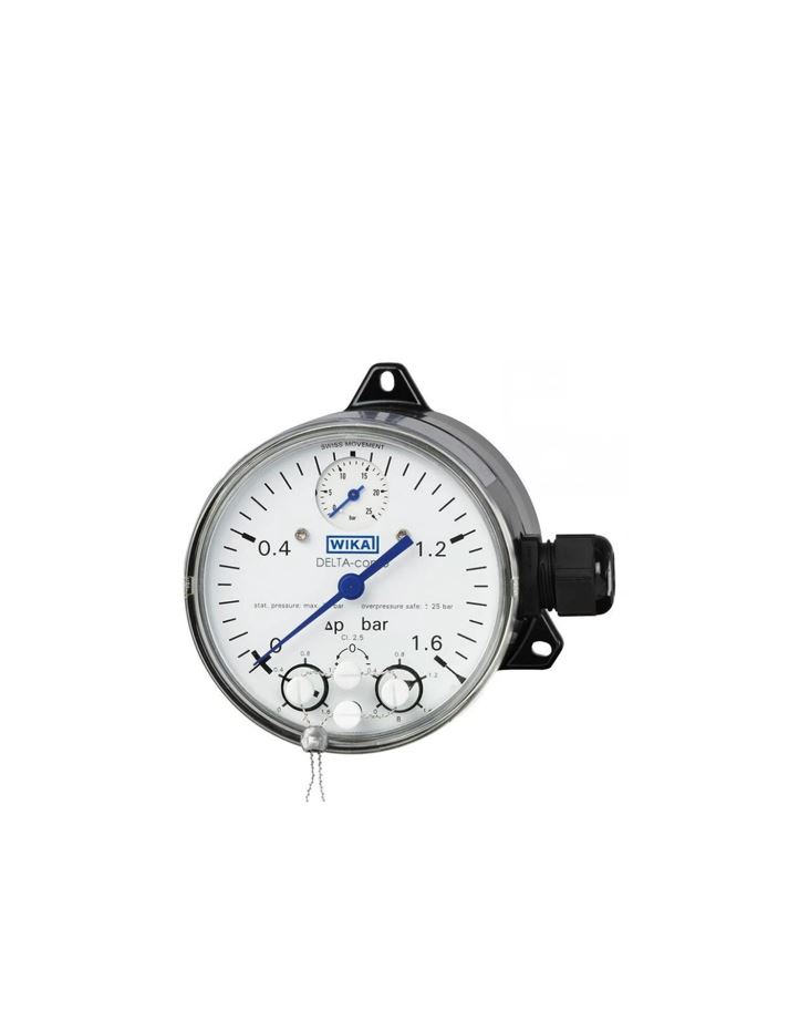 DPGS40TA_slika DPGS40TA diferencialni manometer WIKA z mikro stikali se uporablja za nadzor diferenčnih tlakov, instrument omogoča preklapljanje in prikazovanje.
