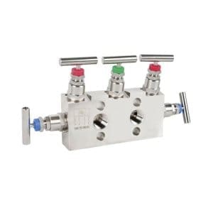 IV51 manifold with three valves for pressure compensation, separation, removal and venting of differential pressure gauges.