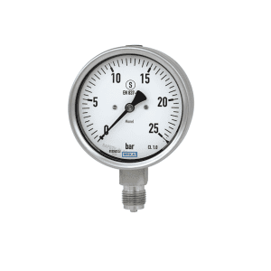 262/263 manometer z bourdonovo cevjo WIKA z navlaženimi deli iz izredno korozijsko odpornega monela. Primeren za kemično industrijo in inženiring.